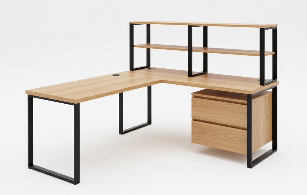 Escritorio en L de madera y metal para oficina en casa