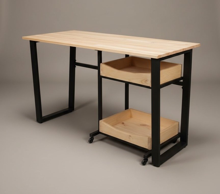 Escritorio minimalista de madera y metal, en una oficina