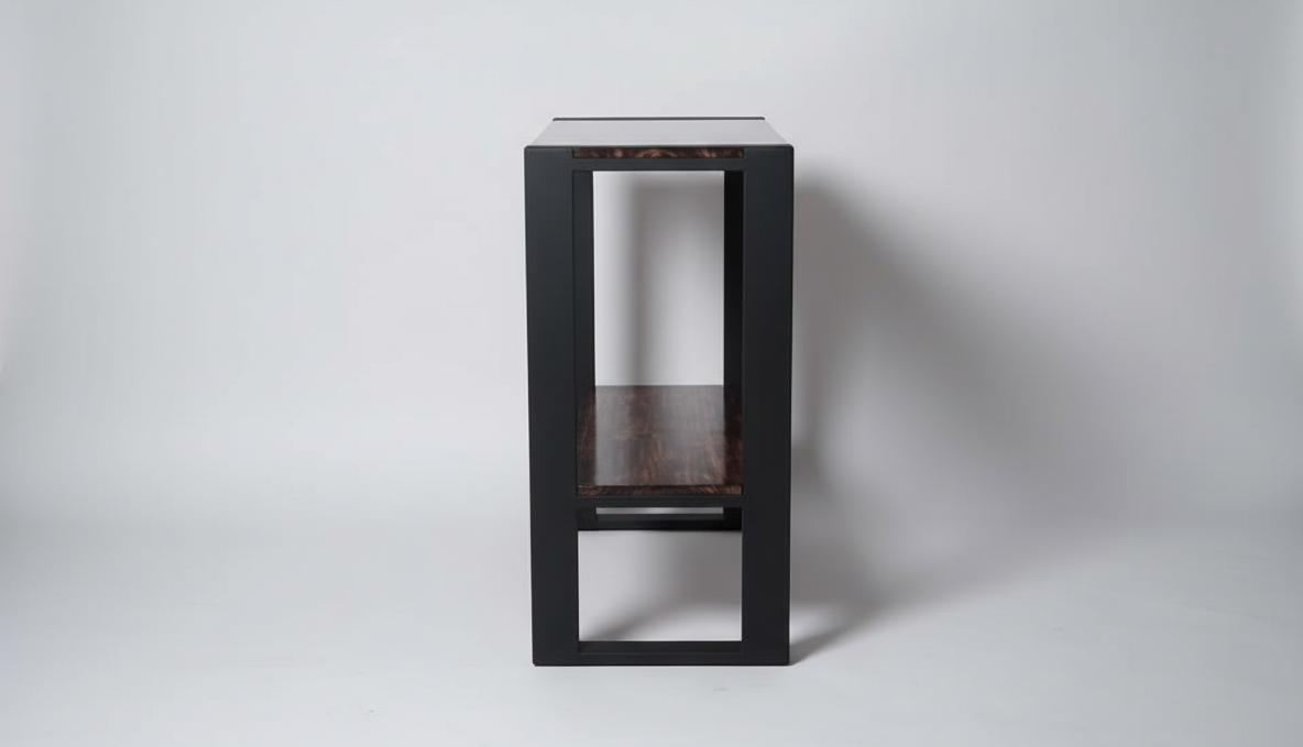 Mueble para pantalla de madera y metal, vista lateral