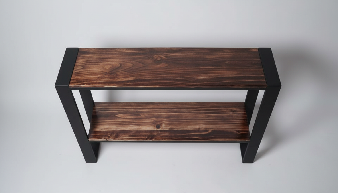 Mueble para pantalla de madera y metal, detalle de la estructura metálica